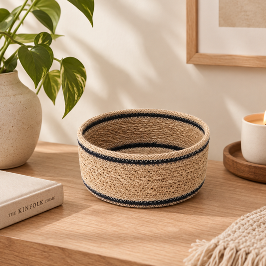 Woven Seagrass Decorative Basket in Natural/Blue - Small