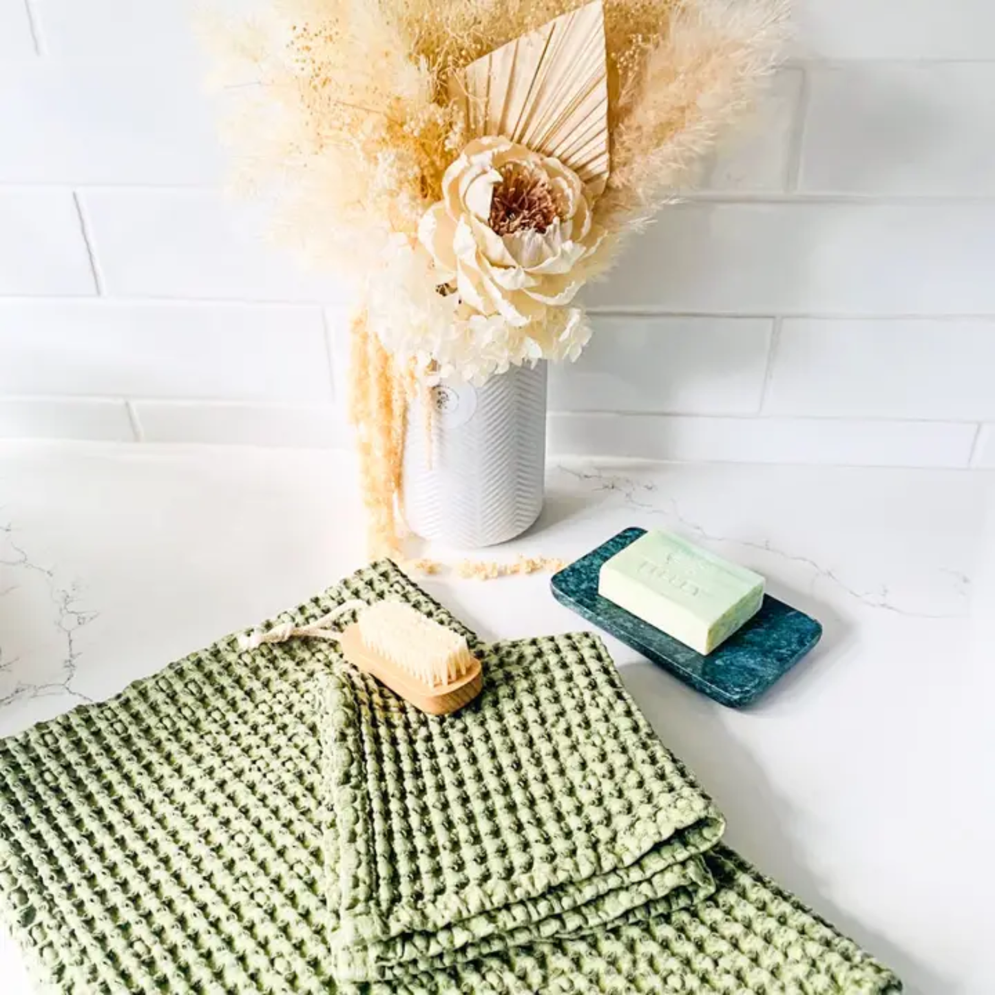 Rustic Waffle Face Cloth in Light Olive