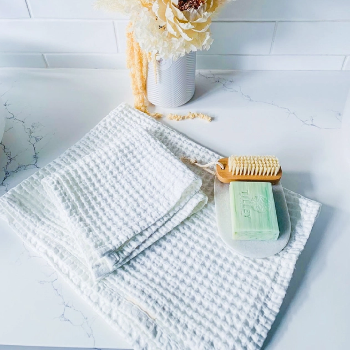 Rustic Waffle Hand Towel in White