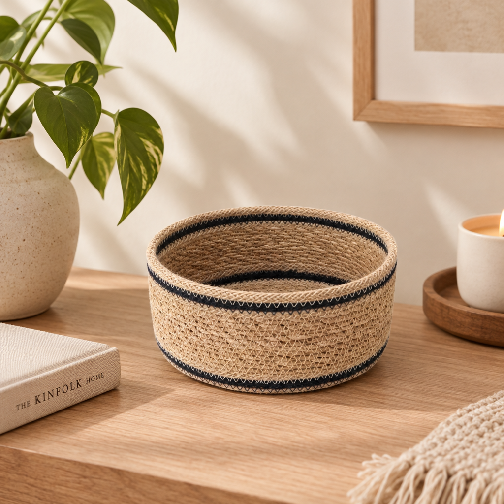 Woven Seagrass Decorative Basket in Natural/Blue - Small