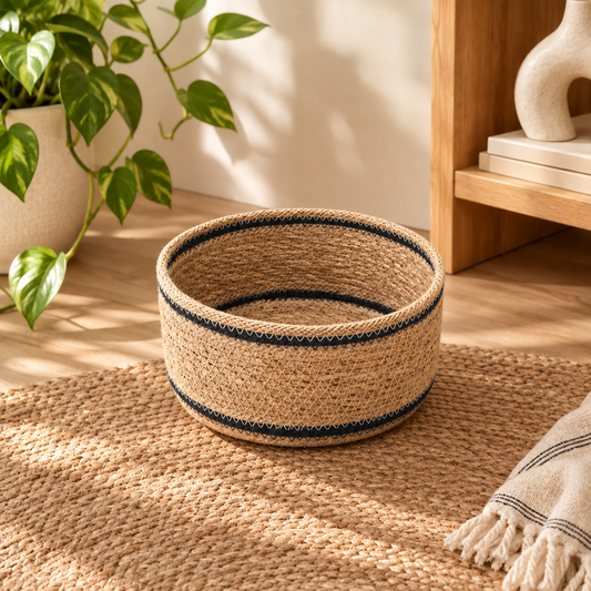 Woven Seagrass Decorative Basket in Natural/Blue - Medium