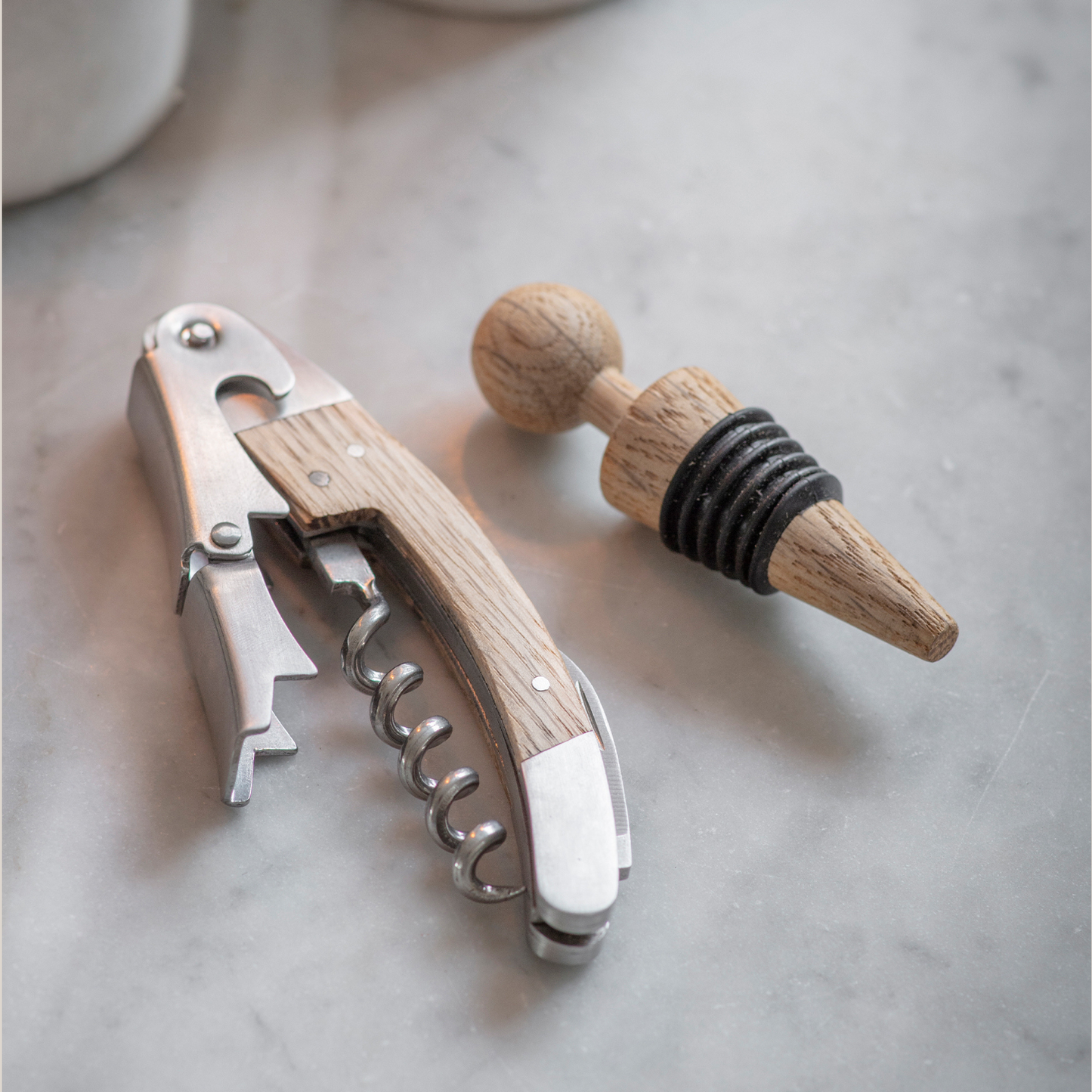 Classic Bottle Opener & Stopper Set - Natural Oak & Stainless Steel