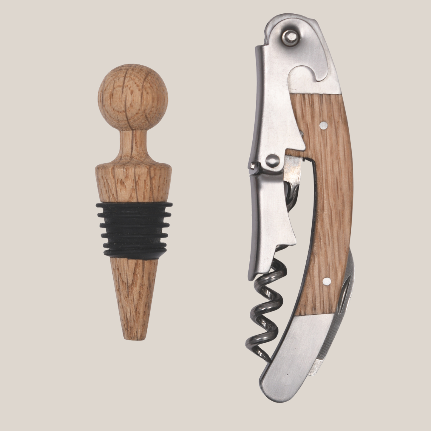 Classic Bottle Opener & Stopper Set - Natural Oak & Stainless Steel