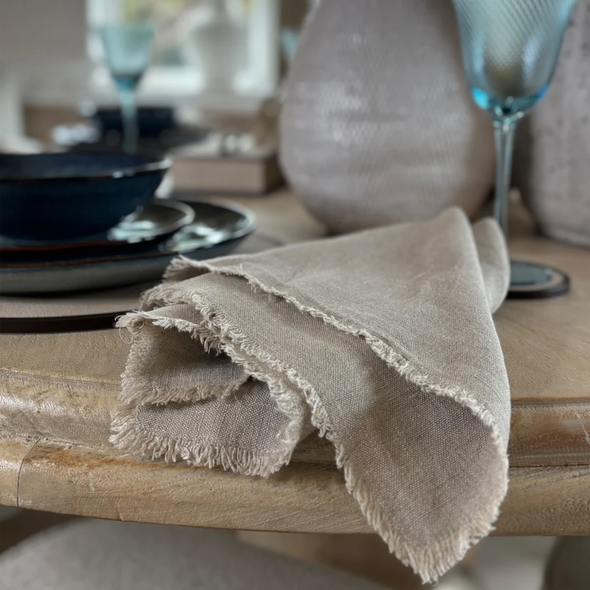 Frayed Edge Linen Napkin, Natural 45x45cm