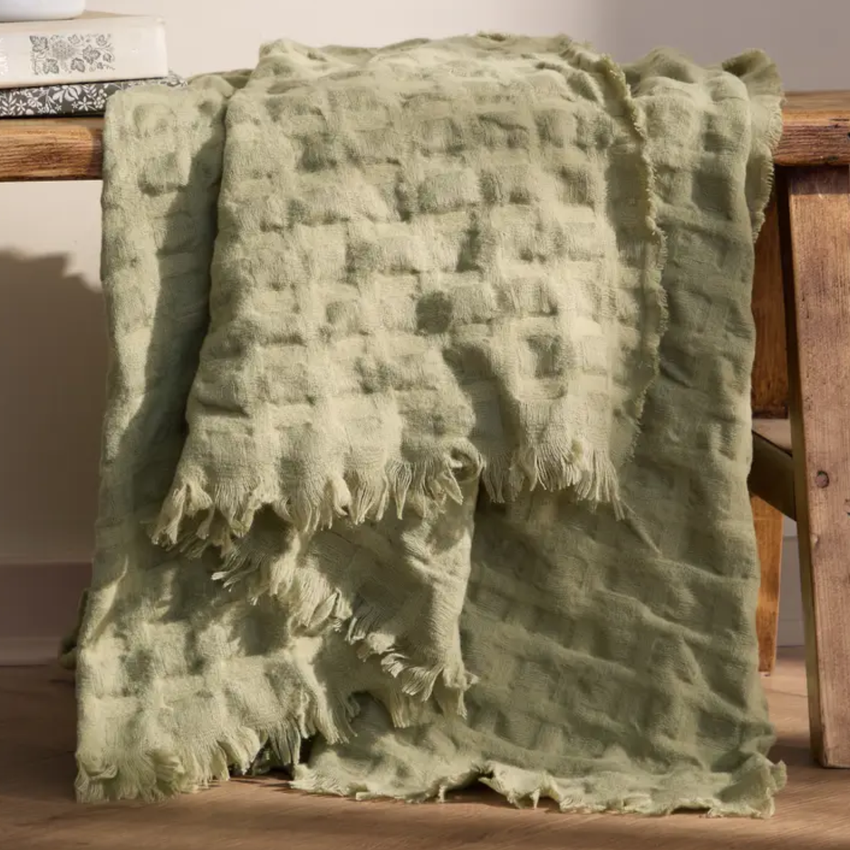 Walton Waffle Large Fringed Throw in Sage