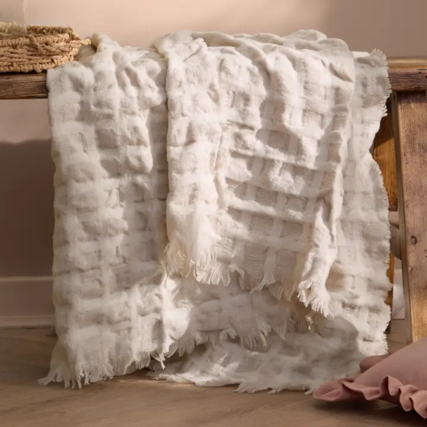 Walton Waffle Large Fringed Throw in Linen