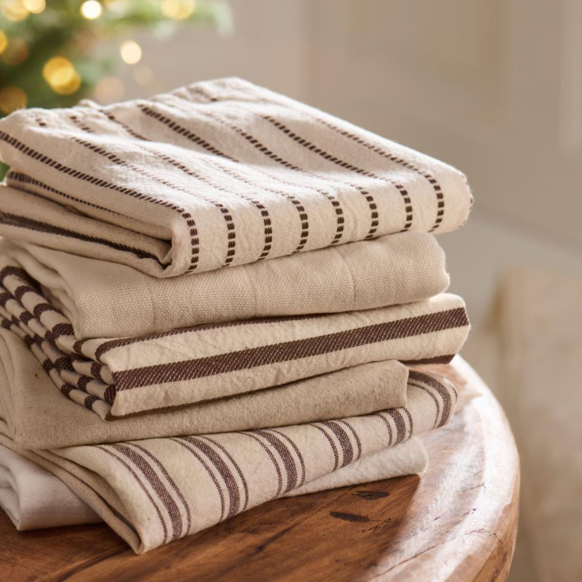 Woven Cotton Tea Towel - Natural/Brown Dotted Pinstripe