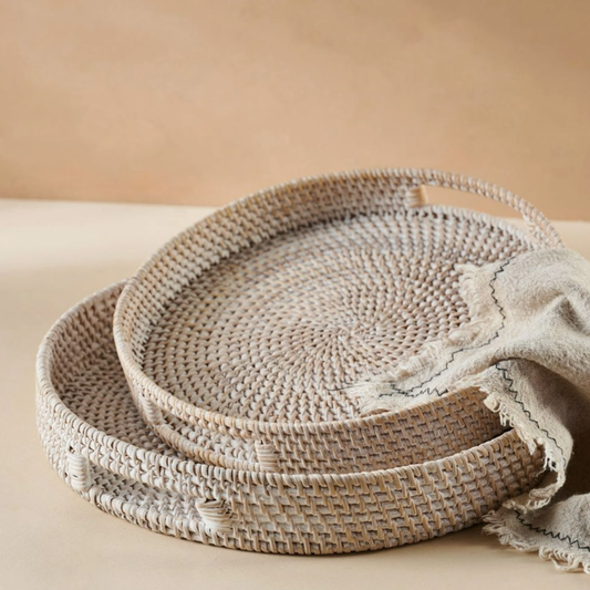 Hand Woven Whitewashed Rattan Round Tray, 35cm