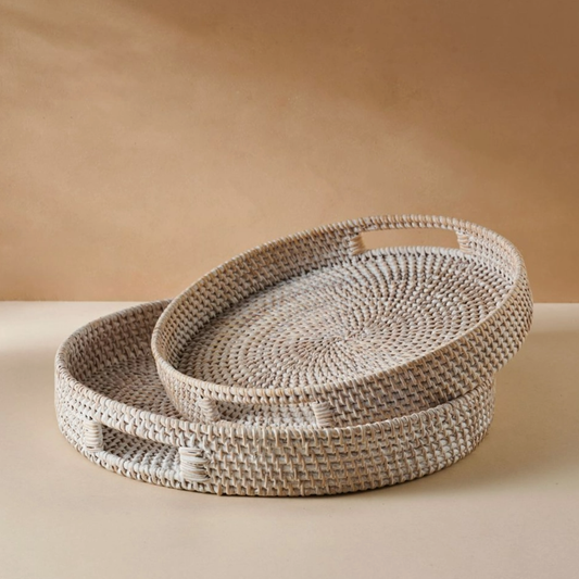 Hand Woven Whitewashed Rattan Round Tray, 35cm
