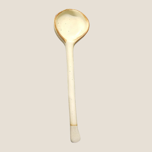 Coarse Pottery Long Handle Coffee Cup Spoon - Cream & Brown