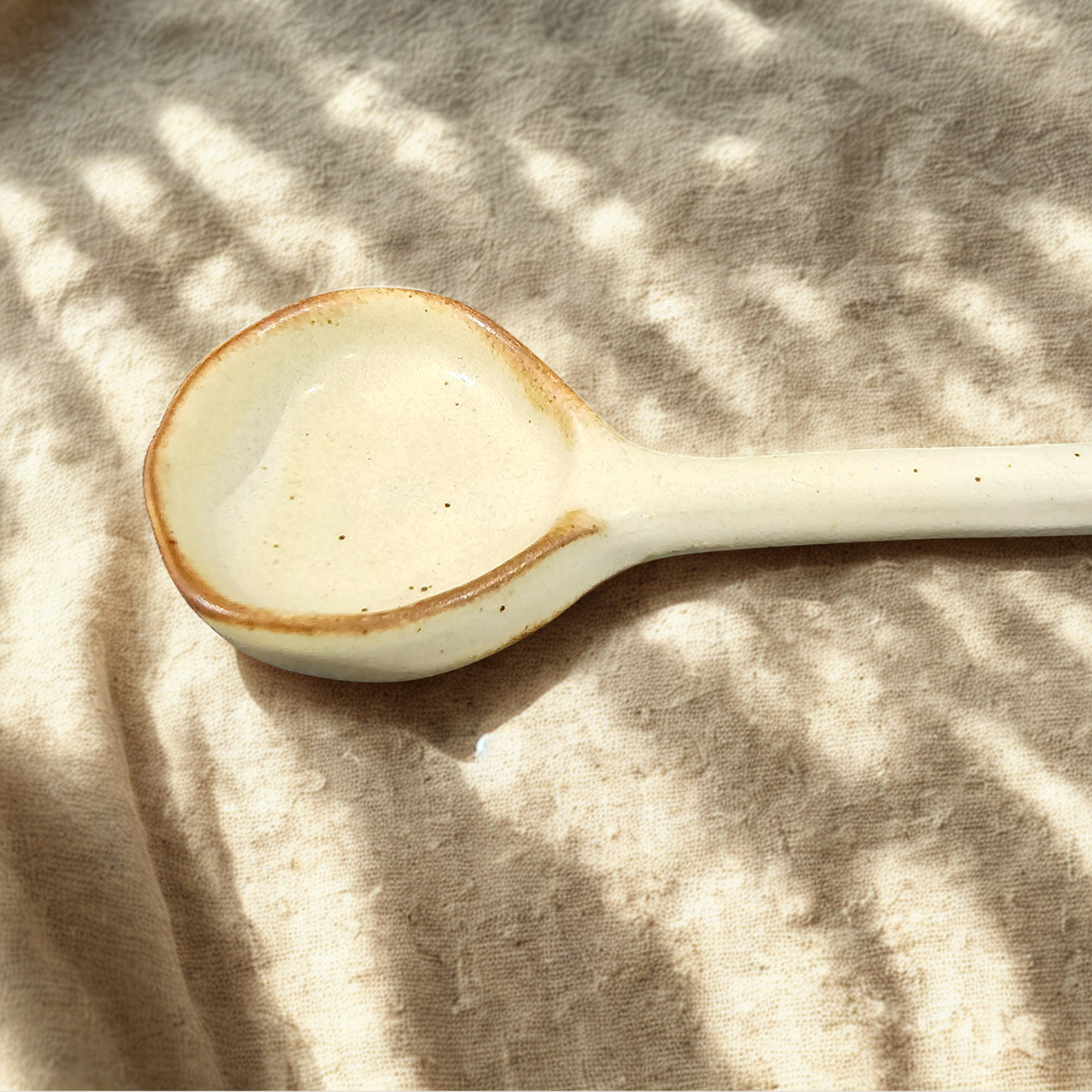 Coarse Pottery Long Handle Coffee Cup Spoon - Cream & Brown