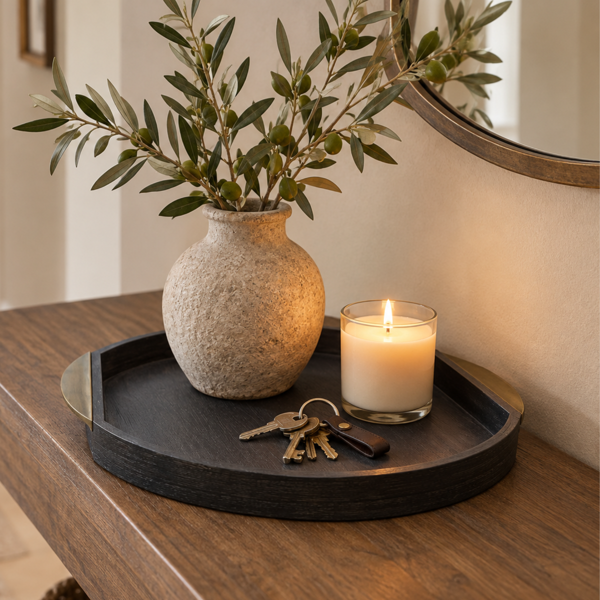 Round Wooden Tray with Brass Handles - Dark