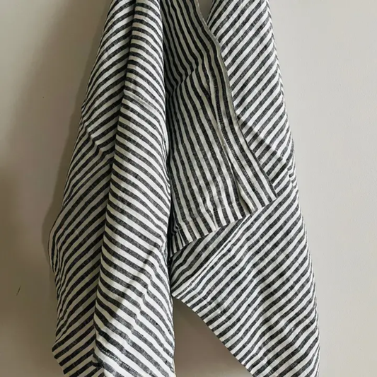 Linen Tea Towel in Charcoal Narrow Stripes