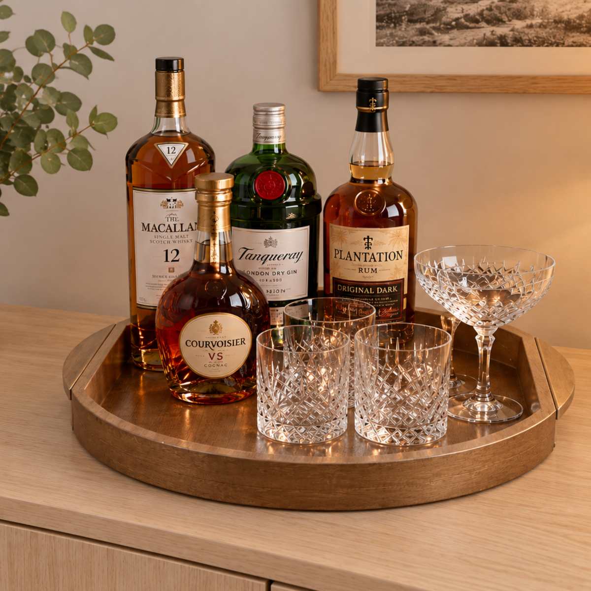 Round Wooden Tray with Brass Handles - Light