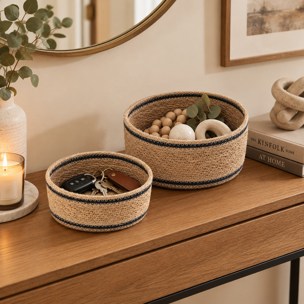 Woven Seagrass Decorative Basket in Natural/Blue - Small